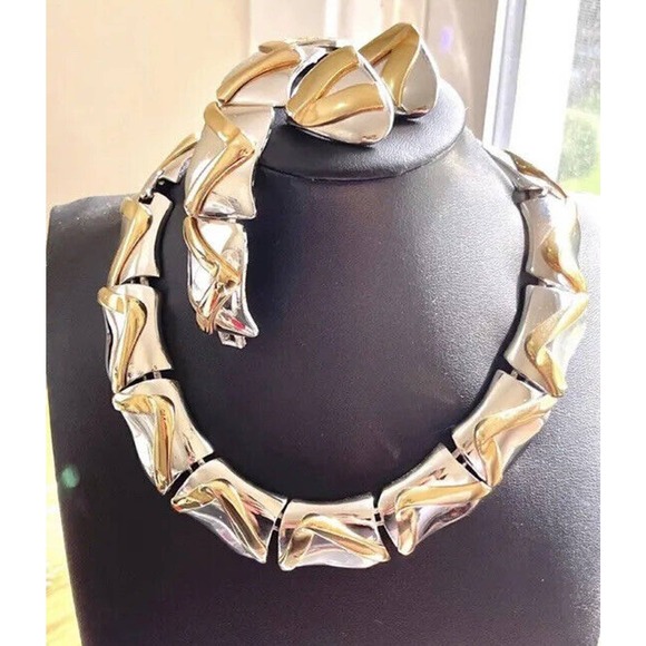 MORGAN TAYLOR Necklace Bracelet Earrings Signed Mixed Metals Jewelry Set Vtg A28 - Picture 2 of 5